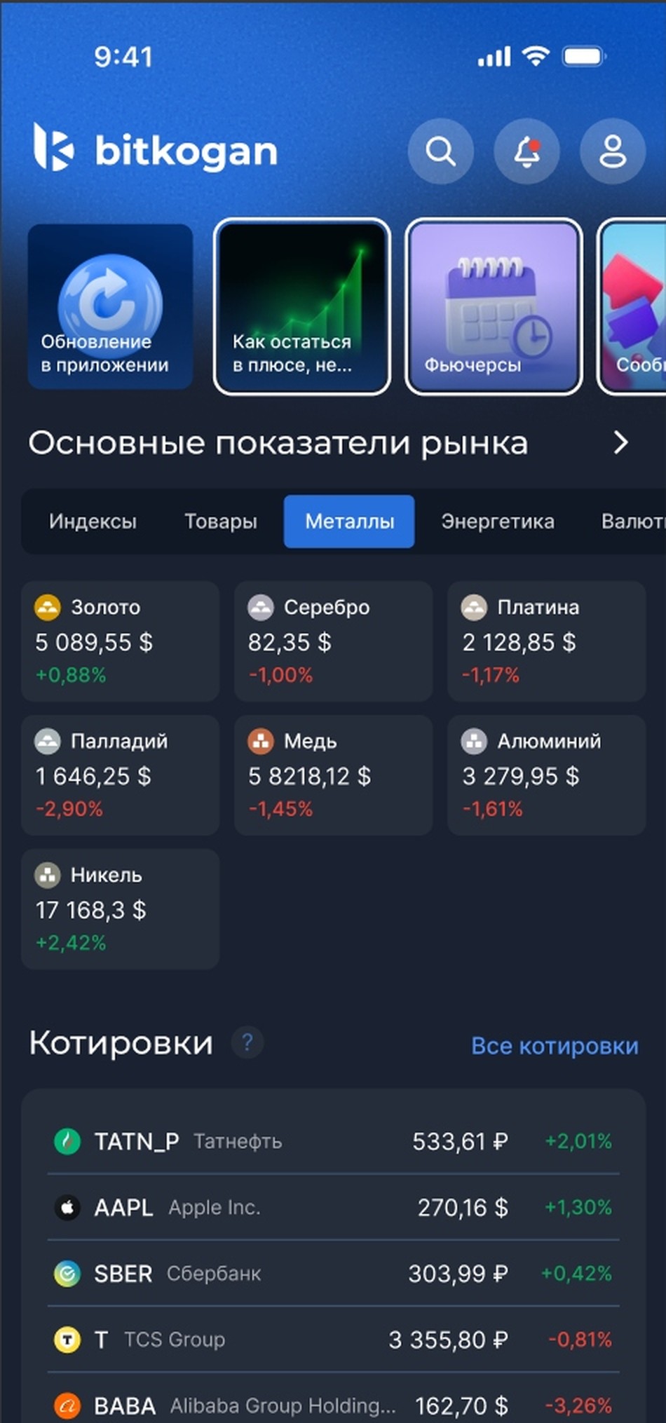 Главный экран Bitkogan App: подборка материалов, основные показатели рынка и котировки